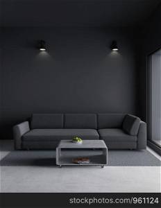 3D rendering minimal style living room with raw concrete floor ,black wall,big window