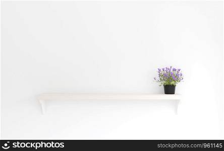 3D rendering minimal style ,purple flower on the wooden shelf and white wall