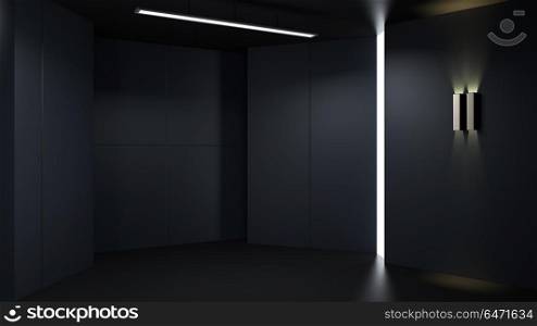 3D rendering minimalist and modern design studio room space background, low key lighting .