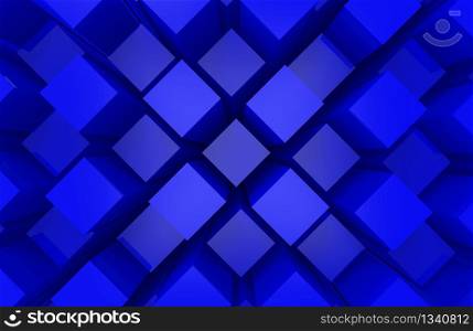 3d rendering. modern abstract random blue square cube box bar stack wall design art background.
