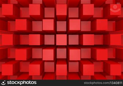 3d rendering. modern abstract random red square cube box bar stack wall design art background.