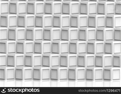 3d rendering. Modern abstract white cube boxes stack wall background.