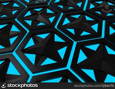 3d rendering. modern black star hexagonal pattern on blue light background.