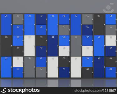 3d rendering. Modern blue, gray and dark color locker boxes wall background.