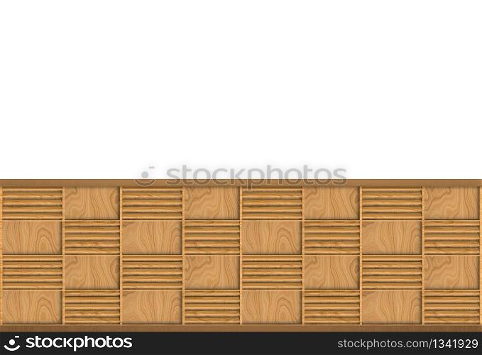 3d rendering. modern brown wood square frame pattern design on white wall background.