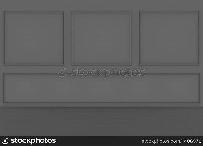 3d rendering. modern dark luxury classic square frame pattern wall and wood floor design background.