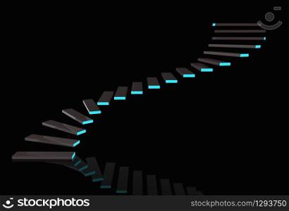 3d rendering. modern dark stairs with blue light on copy space black background.
