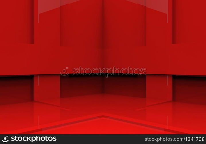 3d rendering. modern design red panel box corner wall background.