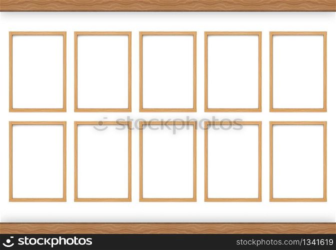 3d rendering. Modern empty simple vertical classic style wood picture frames on white wall backgorund.