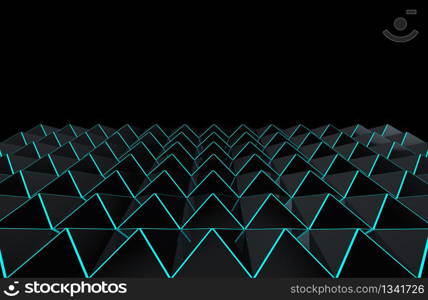 3d rendering. modern futuristic dark triangle grid with blue beam light floor design on black background.