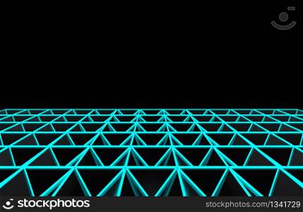 3d rendering. modern futuristic dark triangle grid with blue beam light floor design on black background.