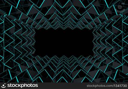 3d rendering. modern futuristic dark triangle grid with blue beam light tunnel wall or floor design background.