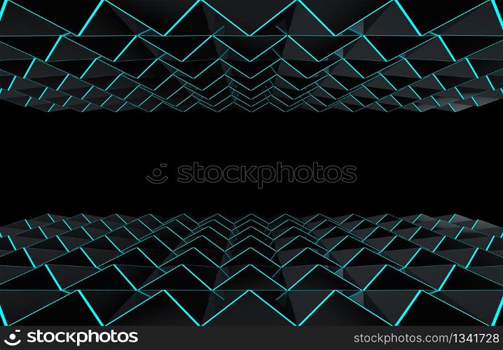 3d rendering. modern futuristic dark triangle grid with blue beam light up and down wall design background.