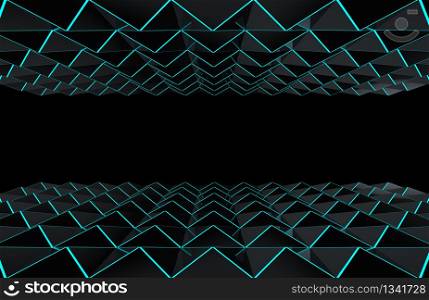 3d rendering. modern futuristic dark triangle grid with blue beam light up and down wall design background.
