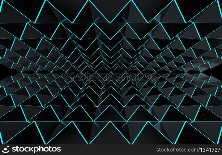 3d rendering. modern futuristic dark triangle grid with blue beam light wall or floor design illusion background.