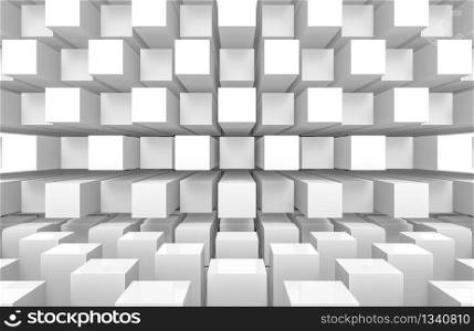 3d rendering. modern futuristic white square round cube boxes stack wall and floor design art background.