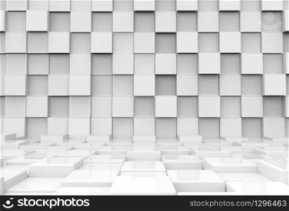 3d rendering. modern futuristic white square round cube boxes stack wall and floor background.