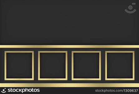 3d rendering. modern gold square classical frame pattern design on dark cement vintage wall background.