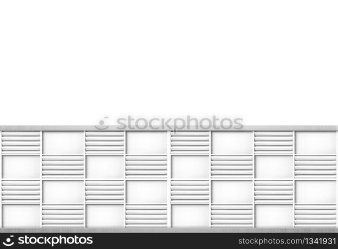 3d rendering. Modern gray wood panel in square frame pattern design on white wall background.