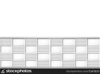 3d rendering. Modern gray wood panel in square frame pattern design on white wall background.
