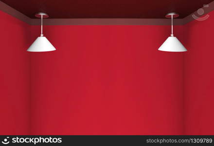 3d rendering. modern hanging white long lamp with light red color copy space background.