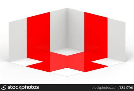 3d rendering. modern interior red ribbon textured wall and floor room corner cube box with clipping path isolated on gray background.