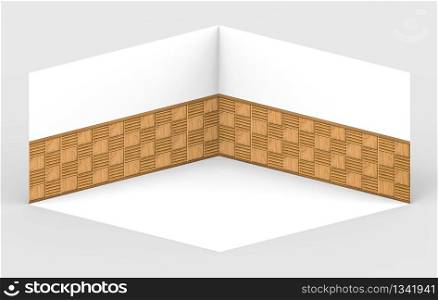 3d rendering. modern interior wood panel textured wall room corner cube box with clipping path isolated on gray background.