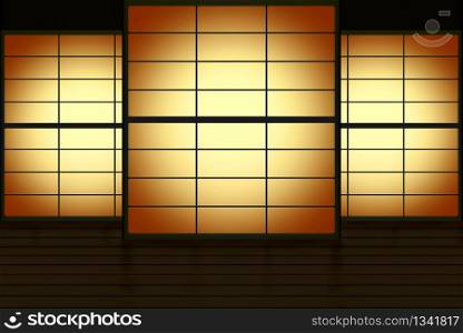 3d rendering. modern Japanese style sliding paper door with gradient candle light wall background.