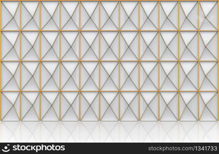 3d rendering. modern luxurious white triangle grid with golden edge line pattern design facade wall background.