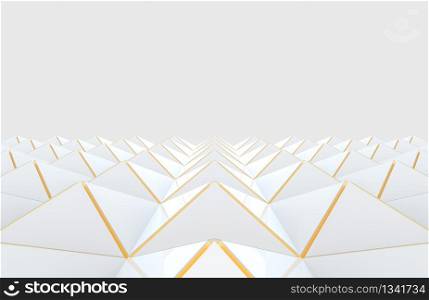 3d rendering. modern luxurious white triangle grid with golden edge line pattern design floor on gray background.