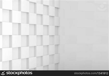 3d rendering. Modern minimal style white square grid tile corner room wall background.