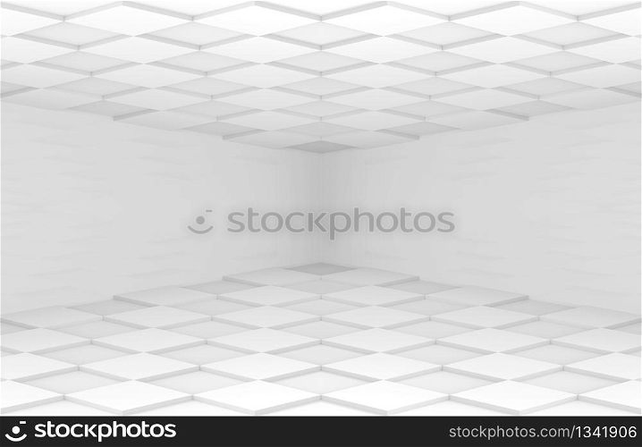 3d rendering. Modern minimal style white square grid tile floor and ceiling corner room wall background.