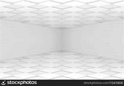 3d rendering. Modern minimal style white square grid tile floor and ceiling corner room wall background.