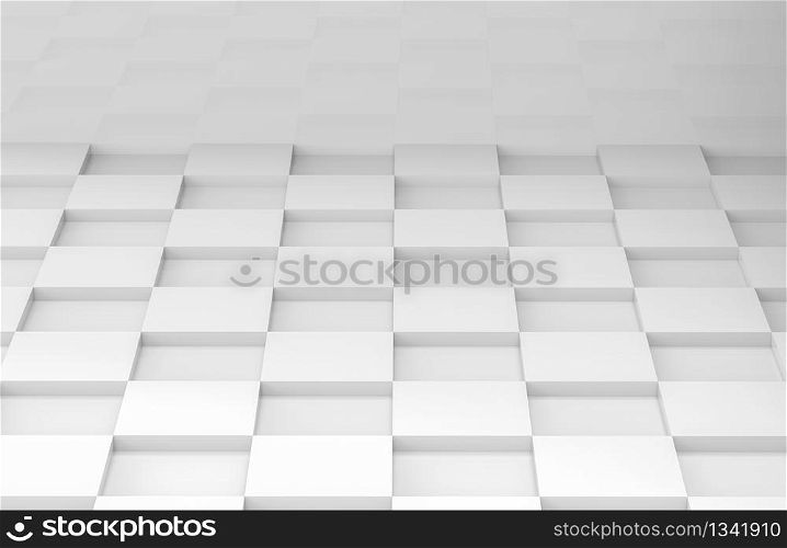 3d rendering. Modern minimal style white square grid tile floor corner room wall background.