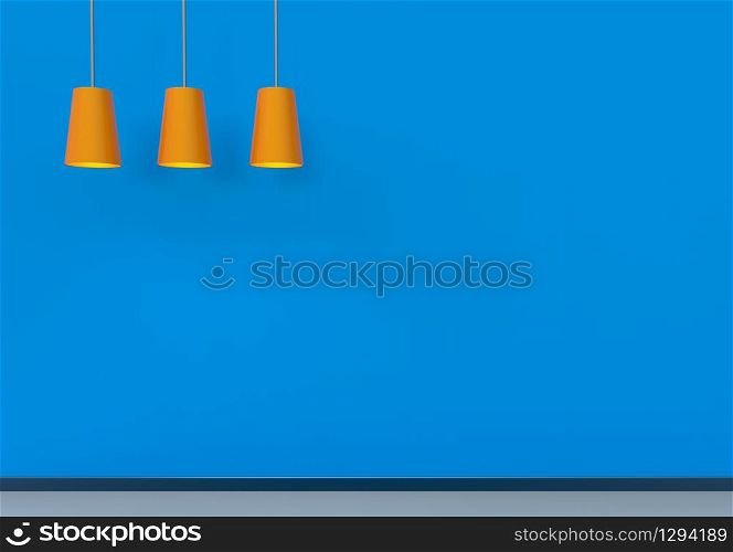 3d rendering. Modern orange lamps with blue copy space wall as background.