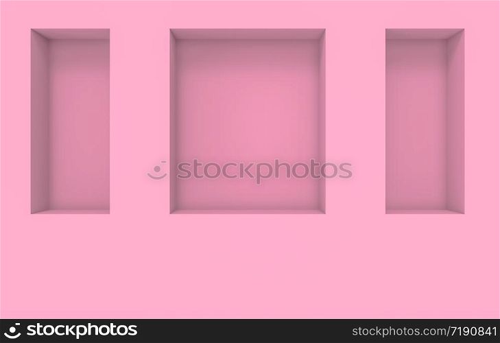 3d rendering. Modern square shape pink hole box pattern on cement wall background.