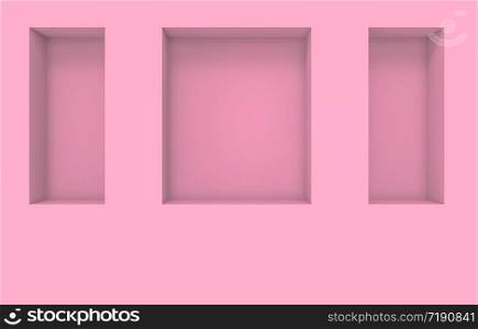 3d rendering. Modern square shape pink hole box pattern on cement wall background.