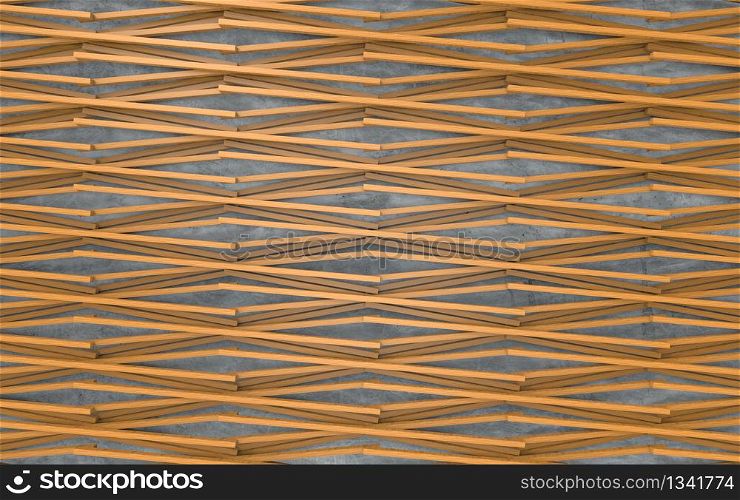 3d rendering. modern strip crossing wood panel design pattern on rough cement wall background.