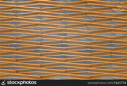 3d rendering. modern strip crossing wood panel design pattern on rough cement wall background.