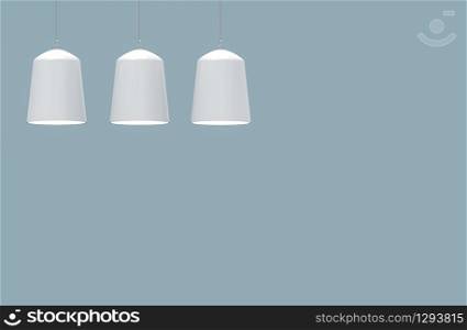 3d rendering. modern white cylinder lamp decor hanging on the copy space blue wall background.