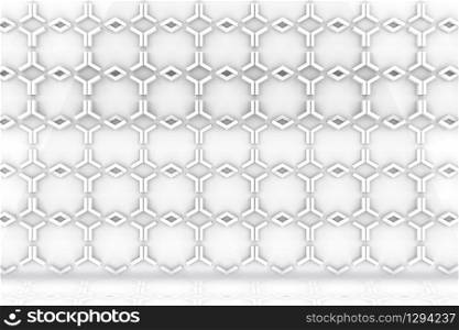 3d rendering. modern white hexagonal shape pattern wall and floor background.