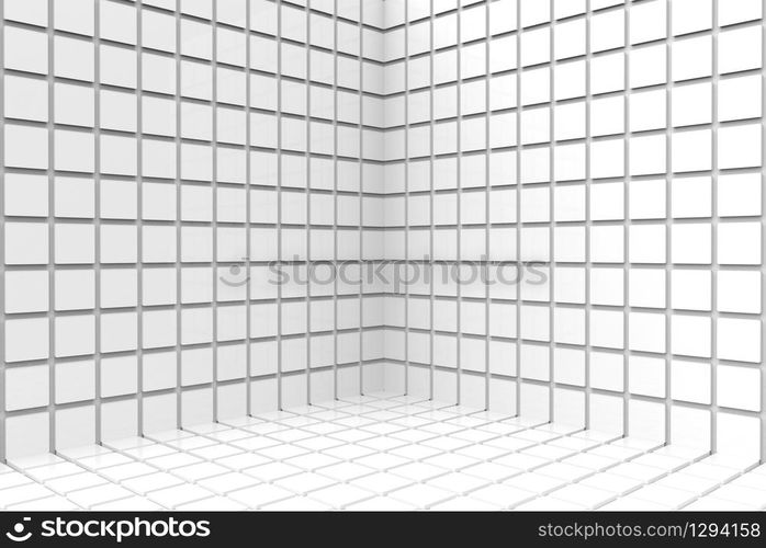 3d rendering. modern white sqaure ceramic tiles wall corner background.