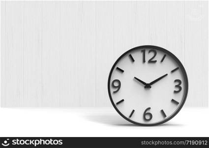3d rendering. modern white victory time clock on wooden floor and copy space wall background.