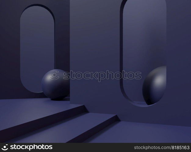 3D Rendering Monochrome Dark Blue or Green Studio Shot Product Display Background with Geometric Shapes and Platforms for Gadgets Electronics or Technological Products.