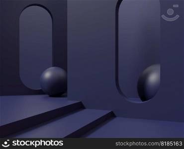 3D Rendering Monochrome Dark Blue or Green Studio Shot Product Display Background with Geometric Shapes and Platforms for Gadgets Electronics or Technological Products.