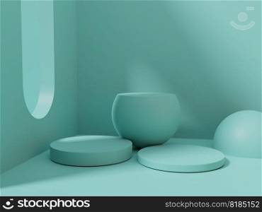3D Rendering Monochrome Turquoise Studio Shot Product Display Background with Geometric Shapes and Platforms for Gadgets, Beauty, Electronics or Technological Products.