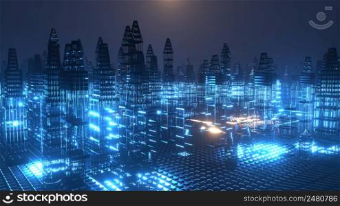 3D Rendering. Motion graphic of Hologram modern city, Futuristic Technology Digital Urban design. AI and smart city concept. Cyberspace. Cyberpunk. 3D Rendering. Motion graphic of Hologram modern city, smart city concept