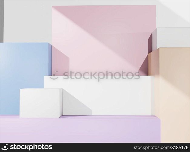 3D Rendering Multi Pastel Colors Minimal Geometric Product Display Background with Platform for Beauty, Cosmetics and Skincare Products.