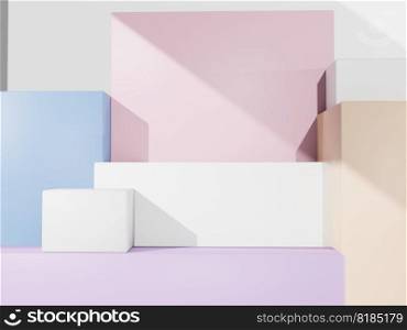 3D Rendering Multi Pastel Colors Minimal Geometric Product Display Background with Platform for Beauty, Cosmetics and Skincare Products.