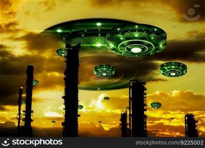3D Rendering Multiple UFOs Take Over Energy Sources To Absorb Energy Fantasy